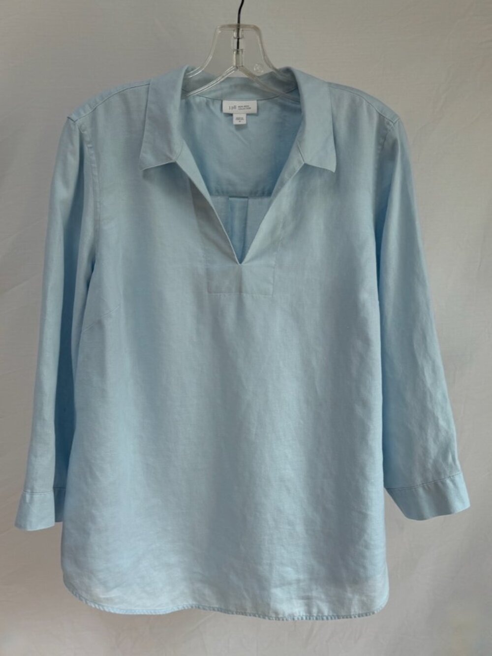 J. JILL Light Blue Linen Popover Collared V-Neck Top Size M